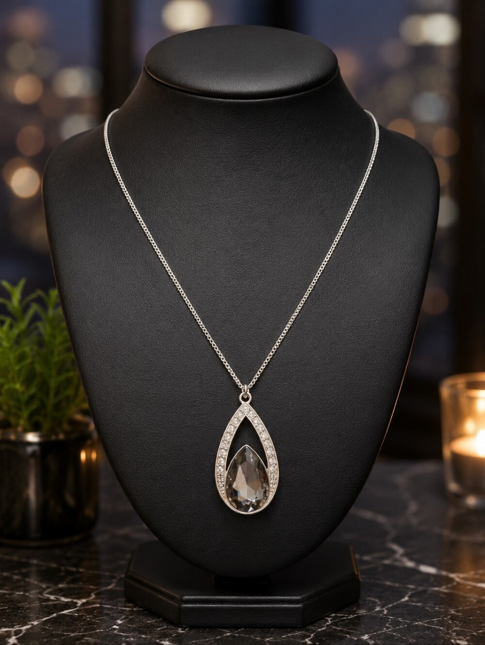 Silver Tone Smoky Crystal Teardrop Pendant Rhinestone Halo Necklace